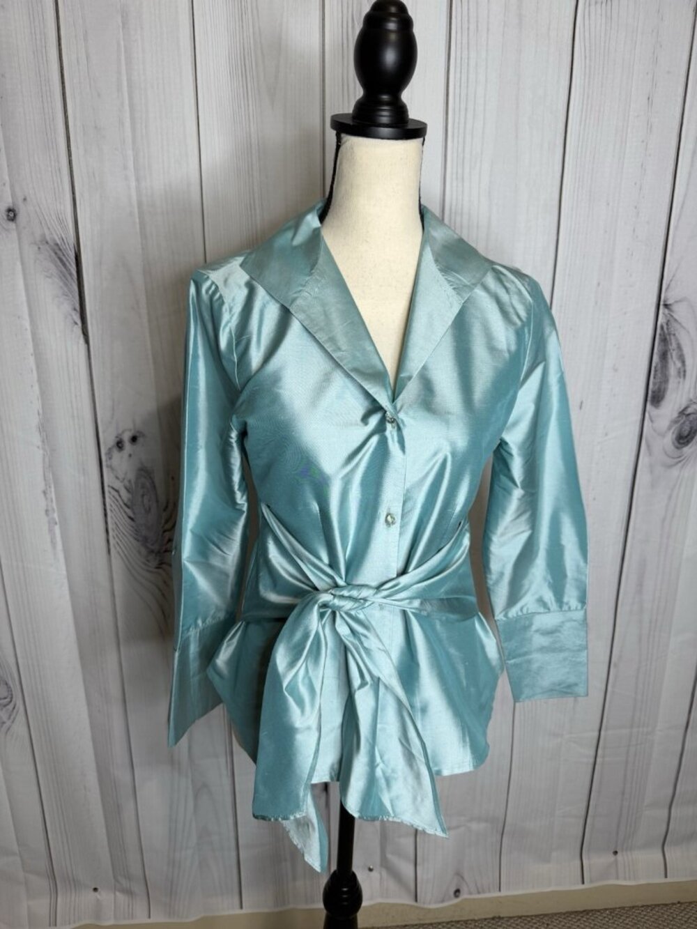 CONNIE ROBERSON Solid Aqua Wrap Belted Silk Jacket Top Sz XS Collared Button Up